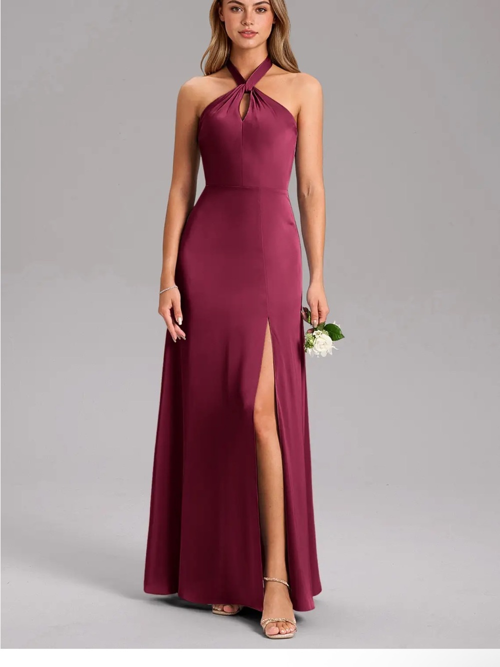 Azazie Burgundy Halter Silk Dress
